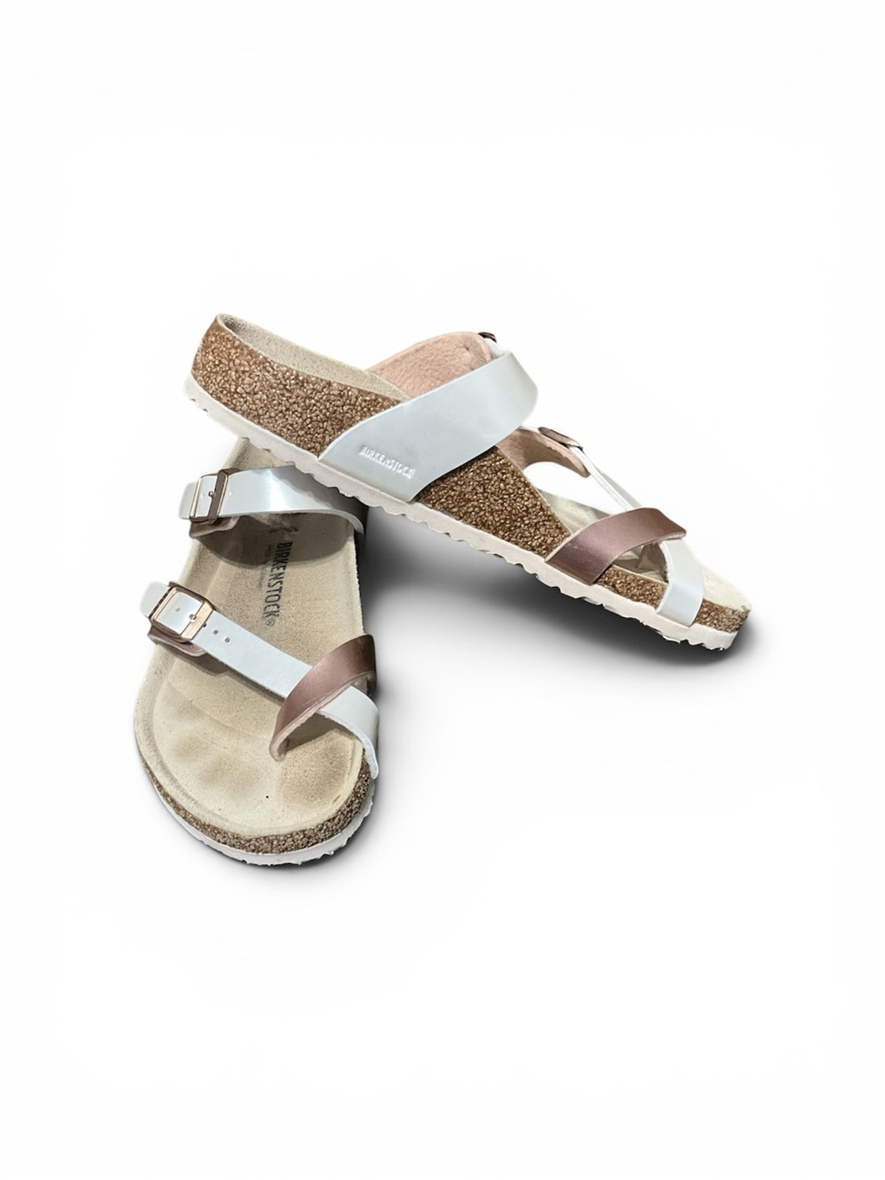 Birkenstock White and Rose Gold Two-Strap Cork Sandal. Women’s size 34
